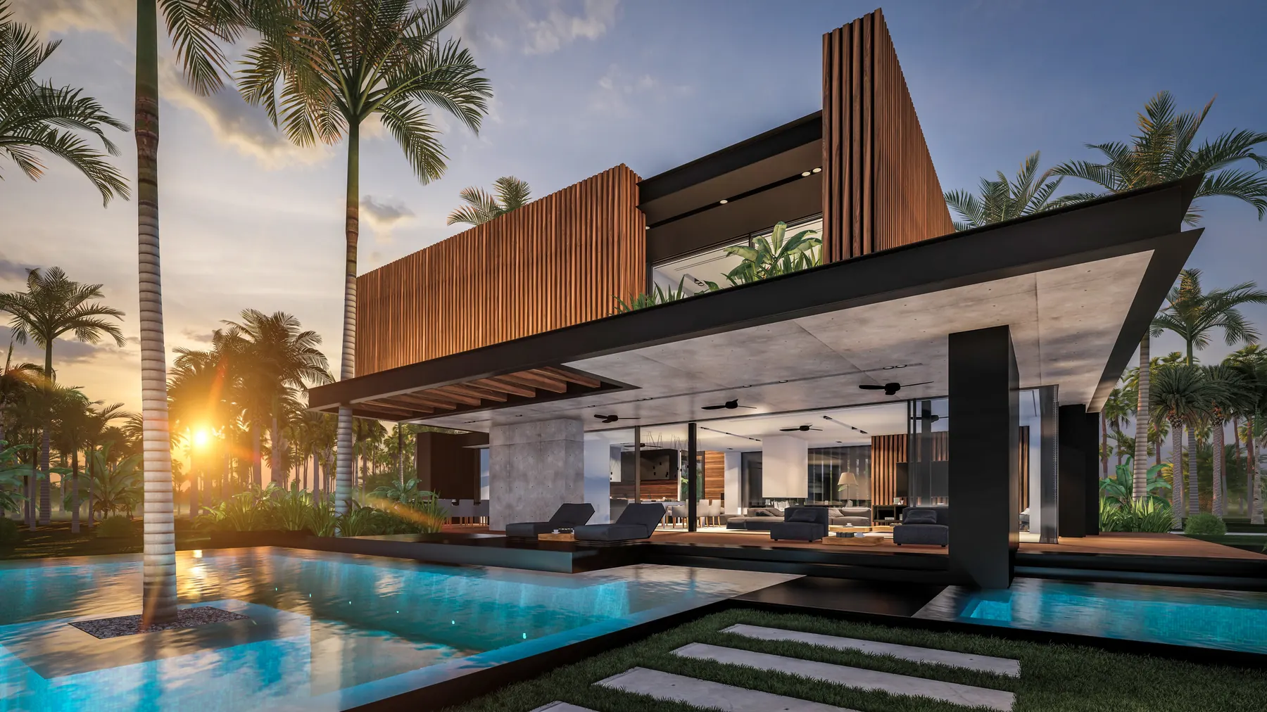 Casa moderna con piscina rodeada de palmeras al atardecer en Nosara